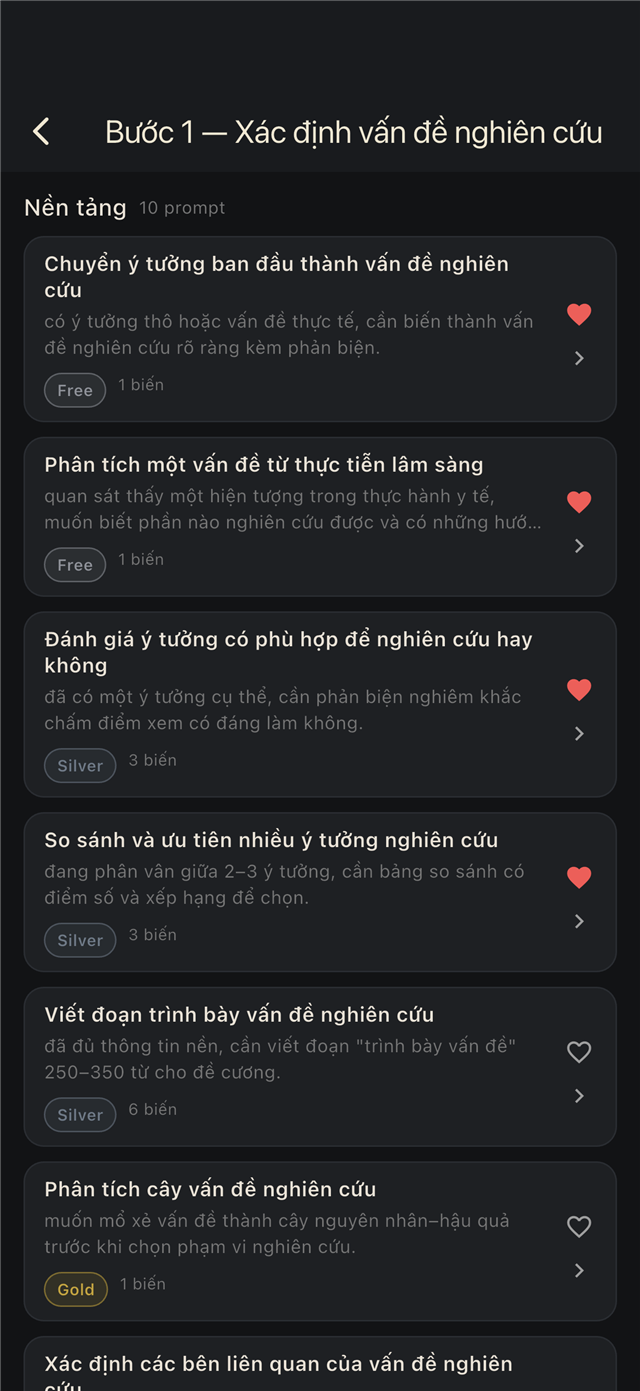 Màn hình Bước 1 — Xác định vấn đề nghiên cứu trong ScholarPrompt